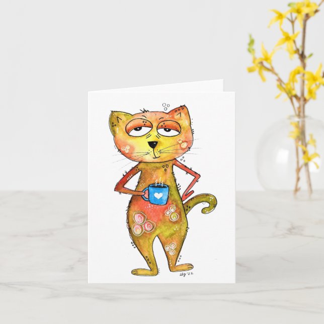 Carte Cute Whimsical Fatigué Chat Boire Café (Fleur jaune)