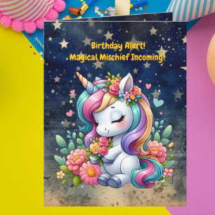 Carte Cute Whimsical Floral Unicorn Anniversaire de enfa