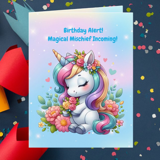 Carte Cute Whimsical Floral Unicorn Anniversaire de enfa (Créateur téléchargé)