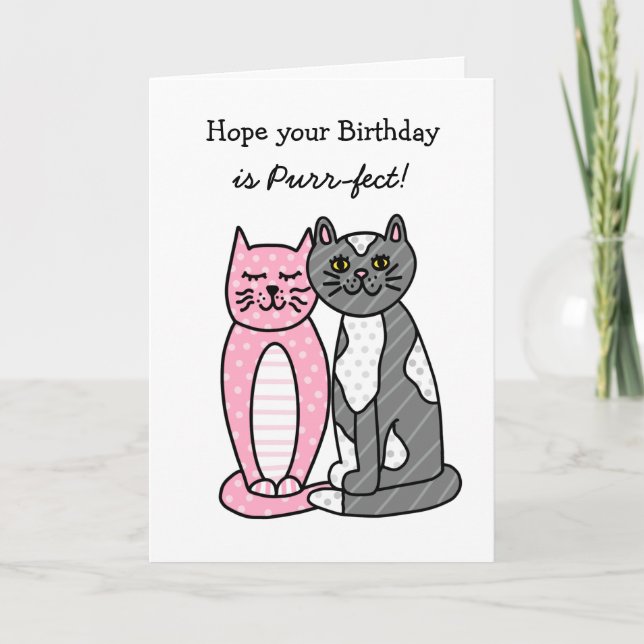 Carte Cute Whimsical Folk Art Chats Anniversaire (Devant)