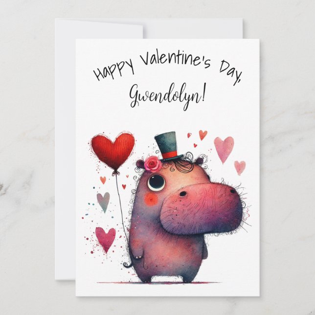 Carte Cute Whimsical Hippo Valentine's Day Flat (Devant)