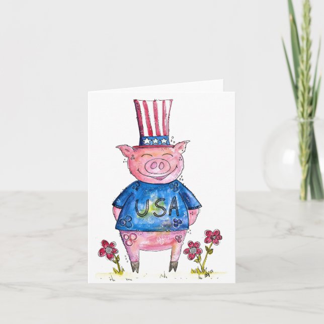 Carte Cute Whimsical Patriotic Cochon (Devant)