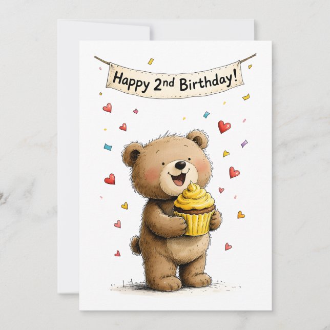 Carte Cute Whimsical Teddy Bear Happy 2nd Birthday Flat (Devant)