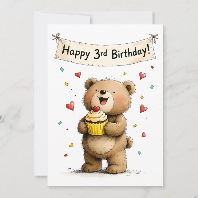 Carte Cute Whimsical Teddy Bear Happy 3rd Birthday Flat (Devant)