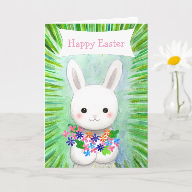 Carte Cute White Bunny Rabbit Custom Text Happy Easter (Petite plante)