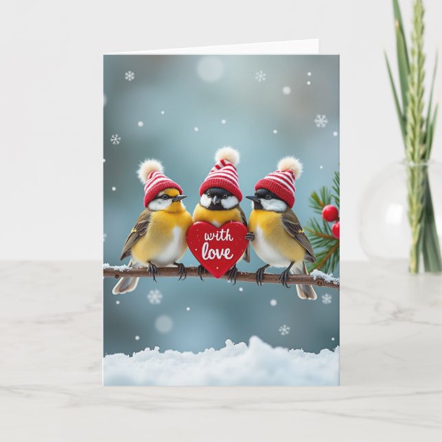 Carte Cute Winter Birds Knit Hat Greeting Card (Devant)