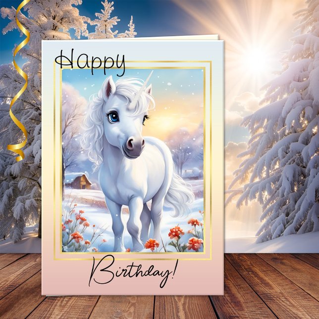 Carte Cute Winter Magique Unicorn Photo Anniversaire (Fun photo birthday greeting card featuring an image of an adorable unicorn in a winter landscape)