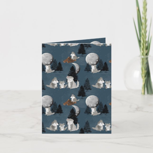 Carte Cute Wolf Pack Woodland Night Sky Moon (Devant)