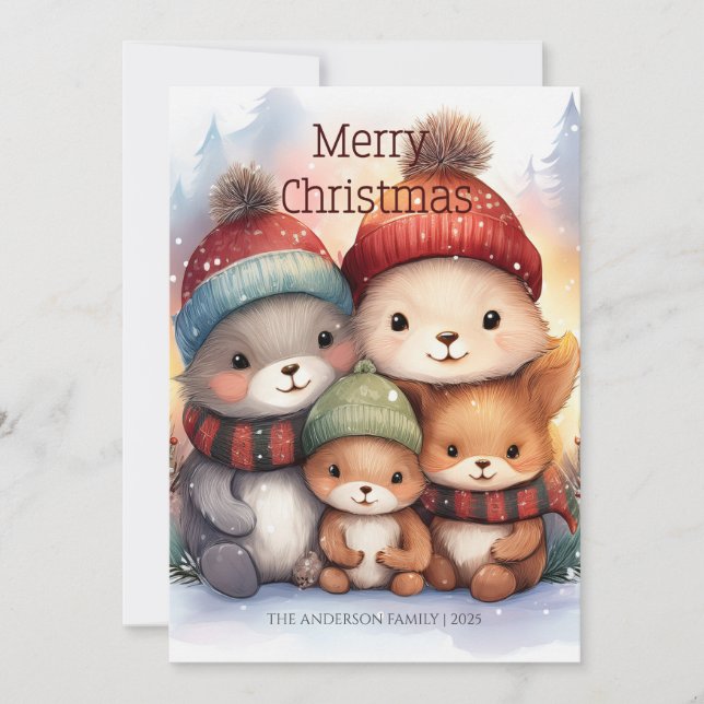 Carte Cute Woodland Animal Family Merry Christmas (Devant)