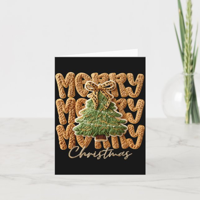 Carte Cute Yarn Crochet Preppy Merry Christmas Tree Bow  (Devant)