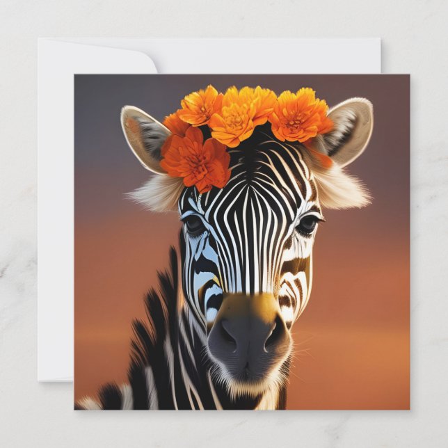 Carte Cute Zebra portant des fleurs orange (Devant)