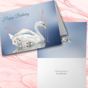 Carte Cygne floral blanc Joyeux anniversaire