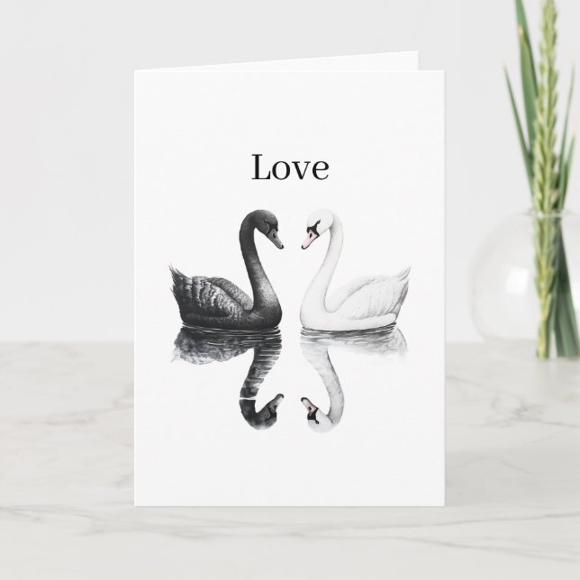Carte Cygnes Noirs Blancs Oiseaux Reflet Amour (Devant)