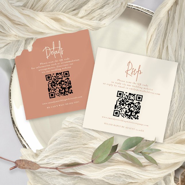 Carte D'accompagnement 2 QR Codes Terracotta Cream Détails du Mariage RSV (Front and Back View All in one RSVP and Details Card with 2 QR codes)