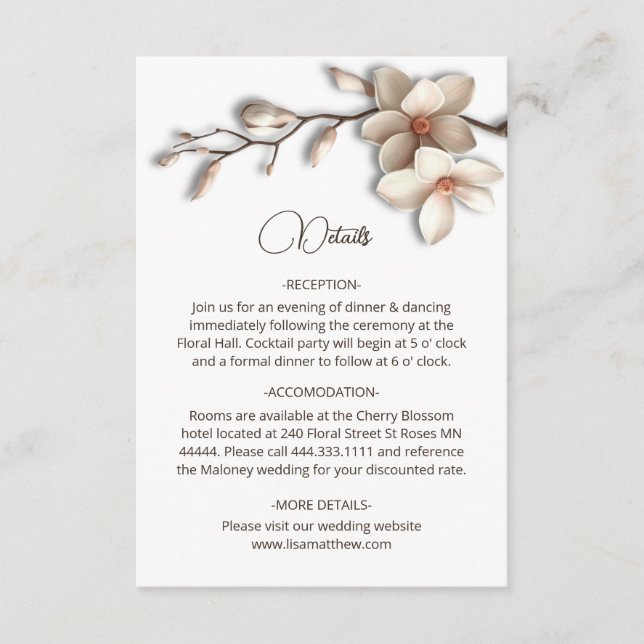 Carte D'accompagnement 3D Magnolia Flowers White Details Enclosure Card (Devant)