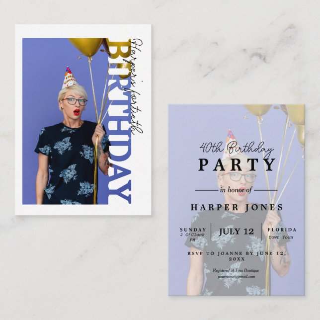 Carte D'accompagnement 40th Birthday Photo college Party  (Devant / Derrière)