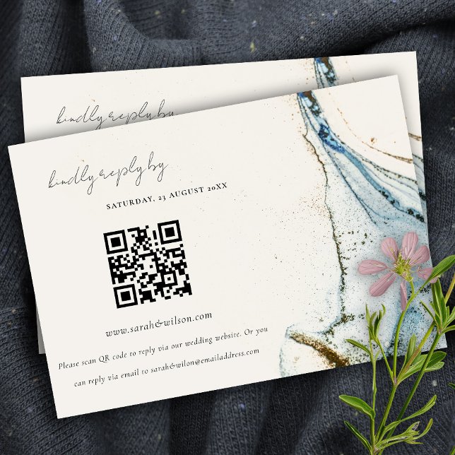 Carte D'accompagnement Abstrait Blue Gold Beachy Mariage QR Code RSVP (Créateur téléchargé)