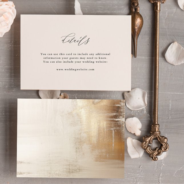 Carte D'accompagnement Abstrait d'or | Détails du mariage élégant (An elegant, neutral ivory beige wedding details insert card with a glamorous abstract gold back)