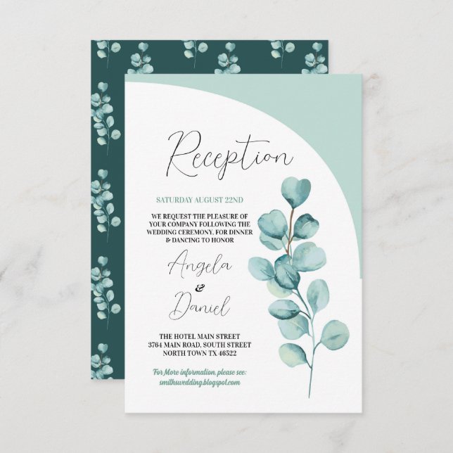 Carte D'accompagnement Accueil Mariage Eucalyptus Feuille Mint Green (Devant / Derrière)
