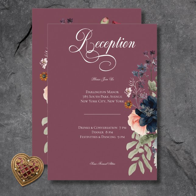 Carte D'accompagnement Accueil Mariage Floral Oval Moody Bourgogne foncé (Dark Moody Burgundy Oval Floral Wedding Reception Enclosure Card)