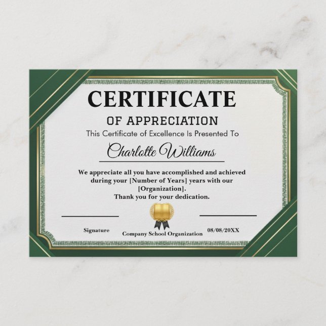 Carte D'accompagnement Achievement Appreciate Gold Green Certificate (Devant)