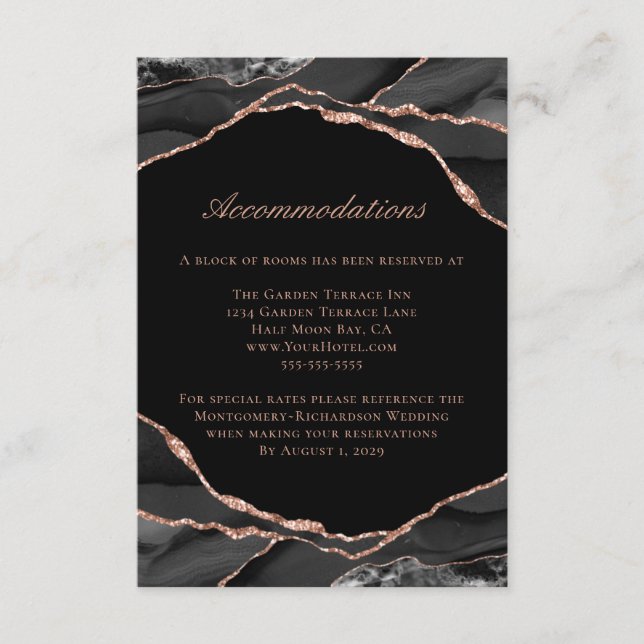 Carte D'accompagnement Agate Rose Or Feuille Noir Mariage Accommodements (Devant)