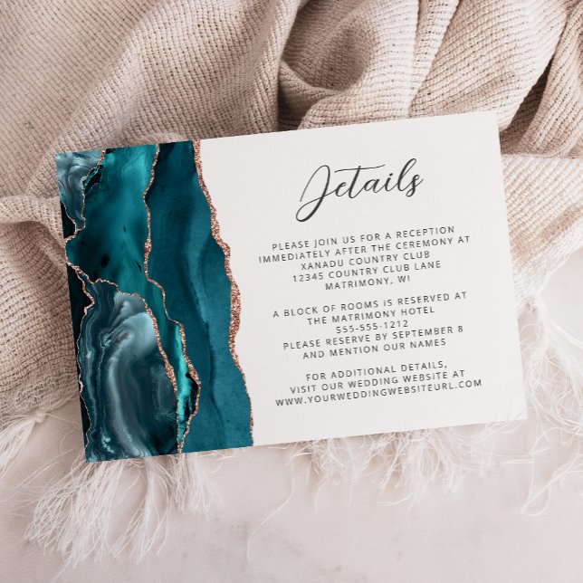 Carte D'accompagnement Agate Teal Rose Gold Modern Script Wedding Details (Créateur téléchargé)