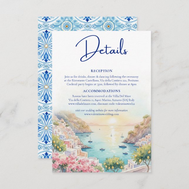 Carte D'accompagnement Amalfi Coast Amore Watercolor Wedding Details  (Devant / Derrière)
