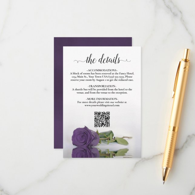 Carte D'accompagnement Amethyst Purple Rose Détails du Mariage QR Code (Devant/Arrière en situation)