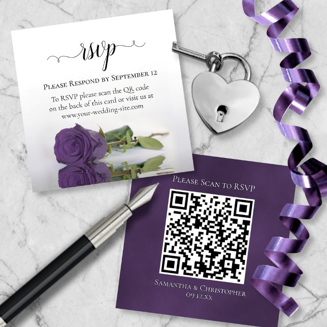 Carte D'accompagnement Amethyst Violet Rose Élégant mariage RSVP QR Code (Front/Back)