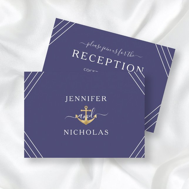 Carte D'accompagnement Ancre d'or nautique Réception de mariage bleu mari (Front/Back Nautical Gold Anchor Navy Blue Wedding Reception Enclosure Card)