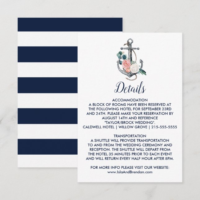 Carte D'accompagnement Ancre florale | Détails du Mariage d'été Insérer u (Devant / Derrière)