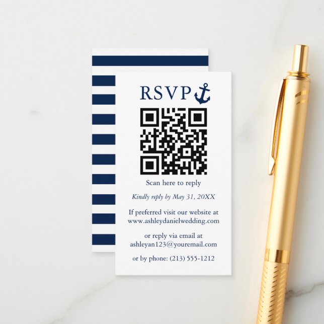 Carte D'accompagnement Ancre mariage bleu marine QR RSVP rayé (Devant/Arrière en situation)