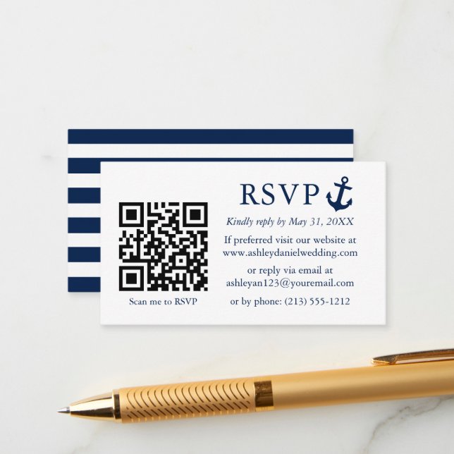 Carte D'accompagnement Ancre mariage bleu marine RSVP QR strié (Devant/Arrière en situation)