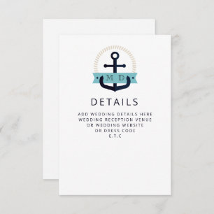 Carte D'accompagnement Ancre marine moderne Monogramme nautique Mariage E