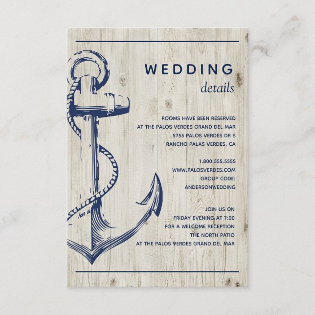 Carte D'accompagnement Ancre nautique Rustic Wood Mariage Détail (Devant)