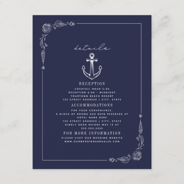 Carte D'accompagnement Ancre rustique Dark Blue Beach Détails du mariage (Devant)
