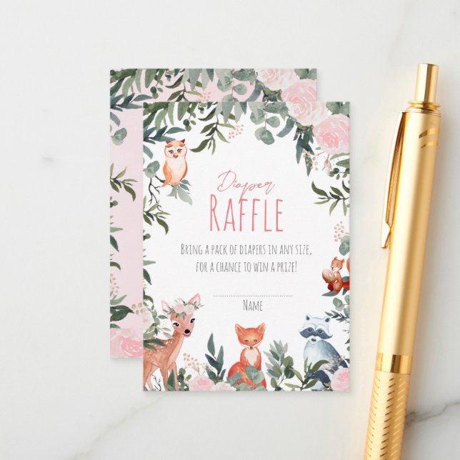 Carte D'accompagnement Animaux de bois Baby shower Fille Déchets Raffle (Devant/Arrière en situation)