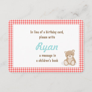 Carte D'accompagnement Anniversaire Apportez un livre Teddy Bear insert c