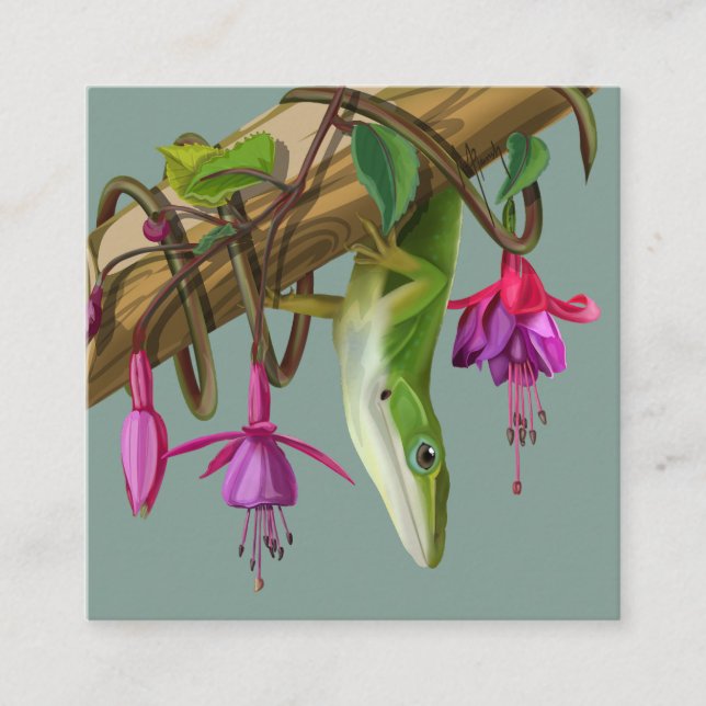 Carte D'accompagnement Anolis vert avec fuchsias  (Devant)