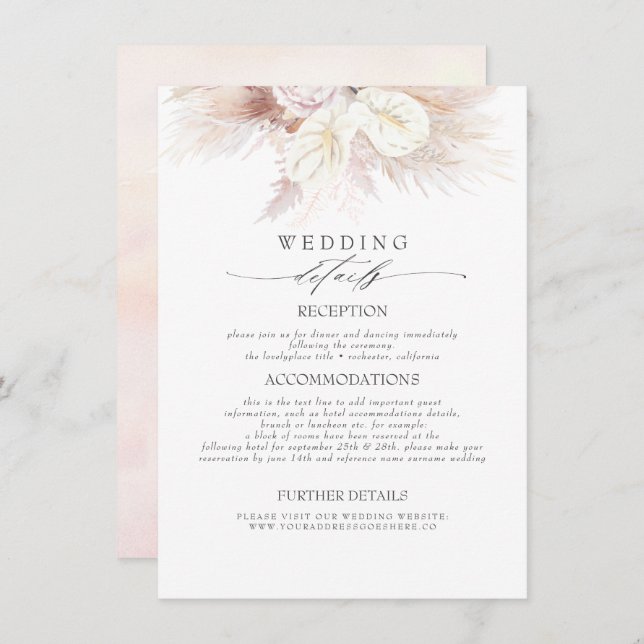 Carte D'accompagnement Anthuriums et Pampas Informations sur le Mariage d (Devant / Derrière)