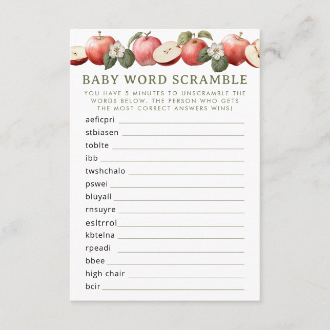 Carte D'accompagnement Apple of Our Eye Baby shower Word Scramble Jeu (Devant)