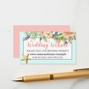 Carte D'accompagnement Aqua Beach Wedding Floral Seashells Pearl Website