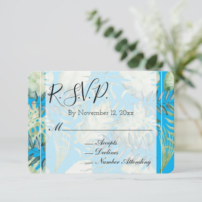 Carte D'accompagnement Aqua Blue Mint Tropical Green Feuilles mariage RSV (Debout devant)