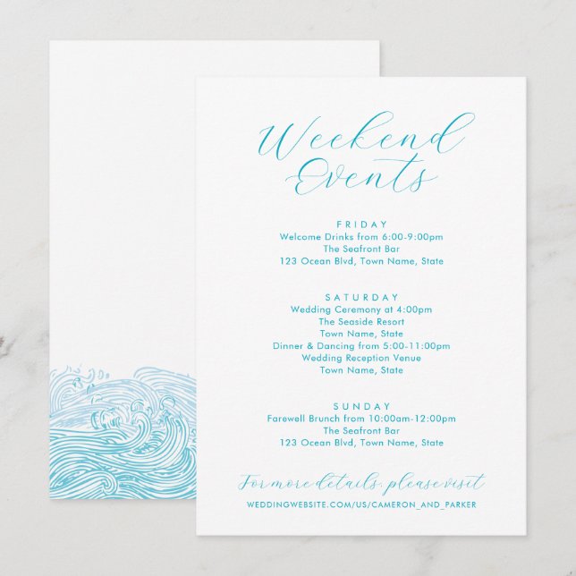 Carte D'accompagnement Aqua Blue Week-end Événements Ocean Waves Beach We (Devant / Derrière)