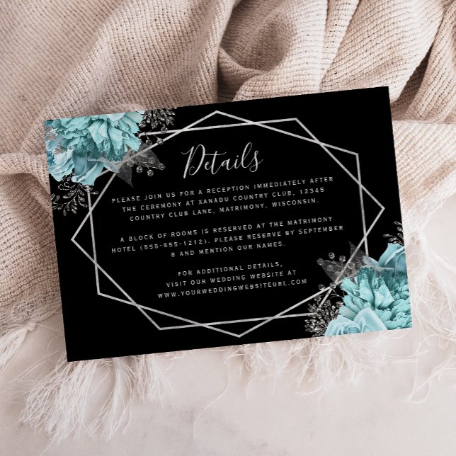 Carte D'accompagnement Aqua Floral Silver Black Wedding Details (Créateur téléchargé)