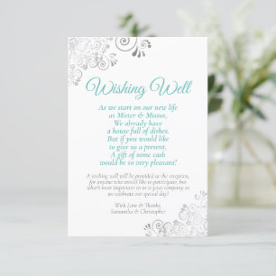 Carte D'accompagnement Aqua & Silver sur le Mariage blanc Wishing well Po