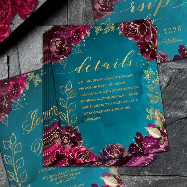 Carte D'accompagnement Aqua Turquoise Merlot Jewel Tone Or Mariage Détail (Aqua Teal Merlot Gold Jewel Tone Wedding Details Enclosure Card)