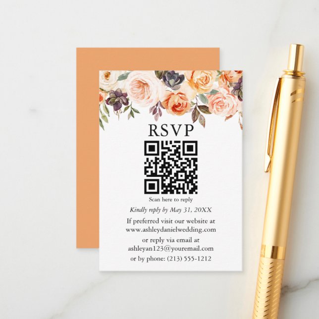 Carte D'accompagnement Aquarelle Automne Floral Mariage Peach QR RSVP (Devant/Arrière en situation)