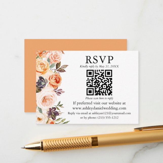 Carte D'accompagnement Aquarelle Automne Floral QR RSVP Mariage Peach (Devant/Arrière en situation)